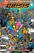 Comic book cover featuring superhero characters with a colorful and chaotic scene.