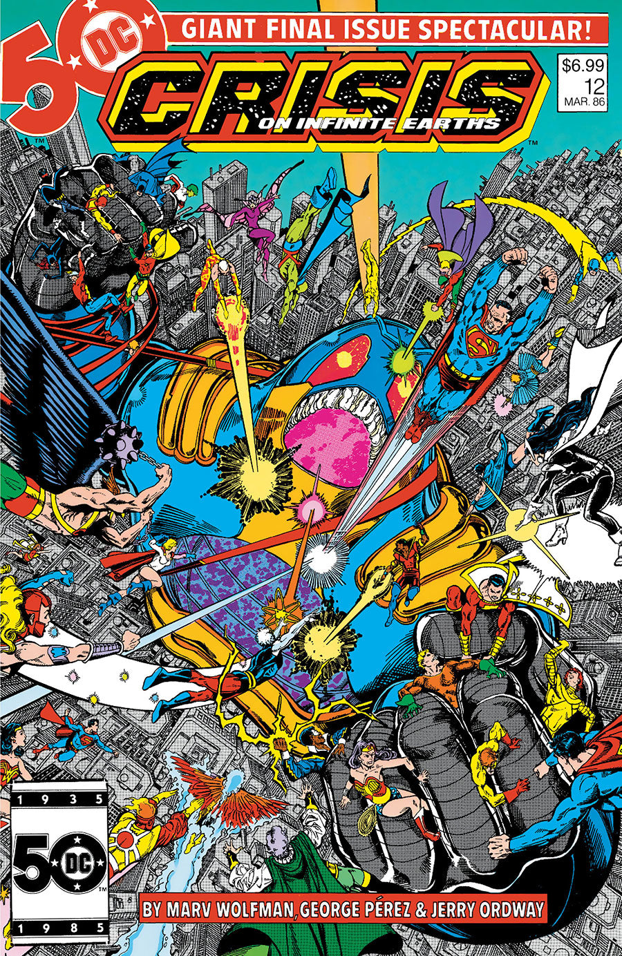 Comic book cover featuring superhero characters with a colorful and chaotic scene.