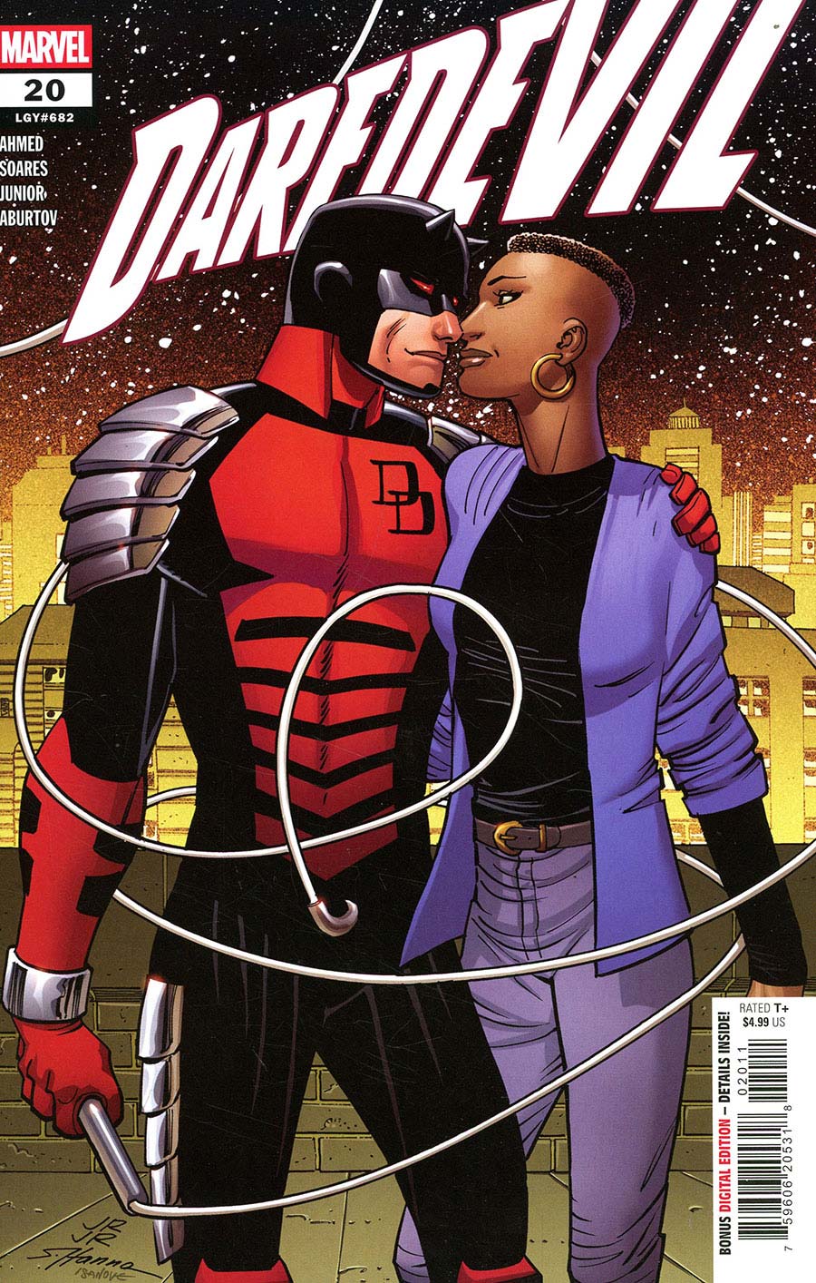Comic book cover featuring a superhero in a red and black suit with a woman in a purple outfit, titled 'Dardevil'.