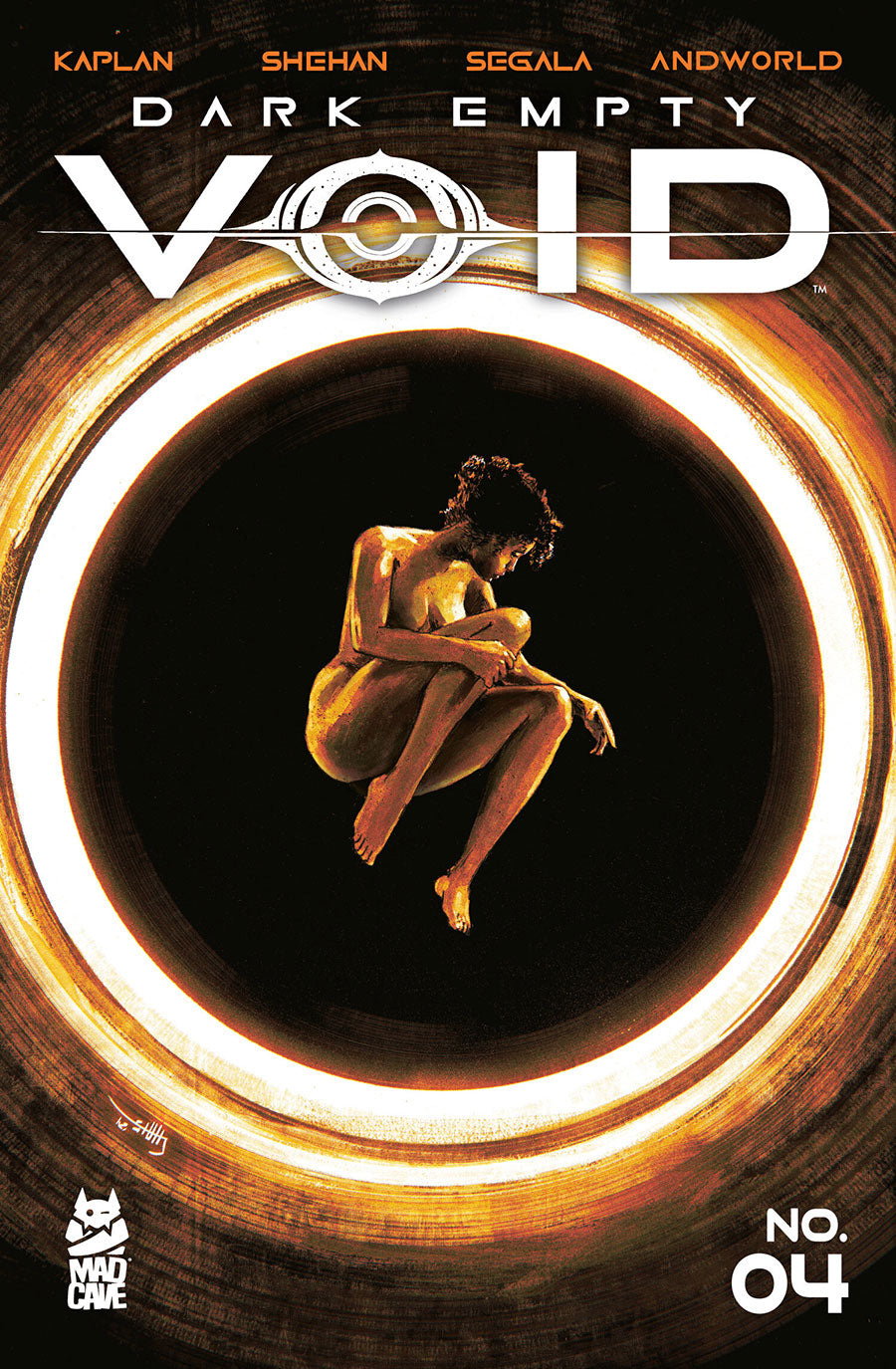 Comic book cover for Void No. 4 from Mad Cave, featuring a seated nude figure inside a glowing circular portal on a dark textured background, with the title 'VOID' and creator names at the top.