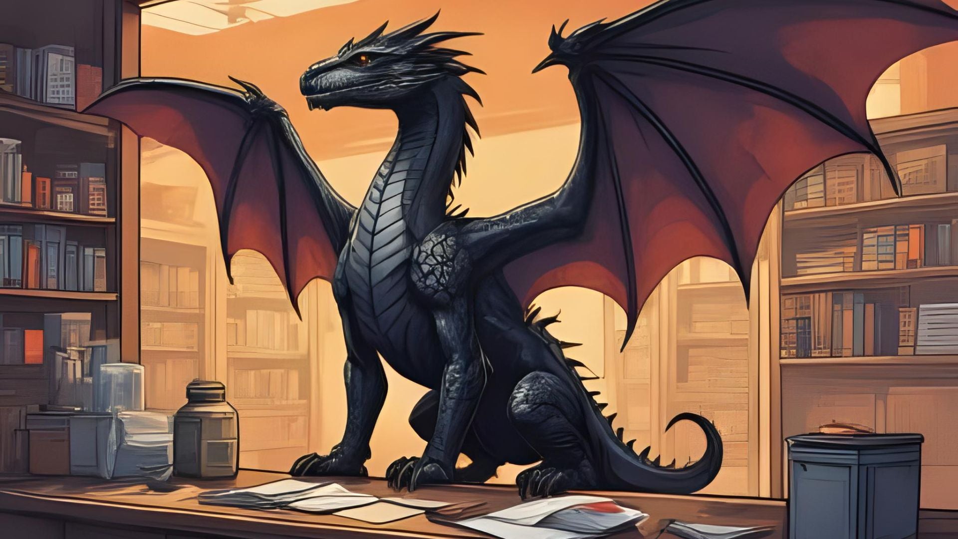 Dragon sitting on a desk in a room with bookshelves