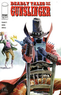 Comic book cover for Deadly Tales of the Gunslinger #5 published by Image Comics, featuring a seated gunslinger in a red coat and black hat holding a gun and looking at a card, with another character running in the background.
