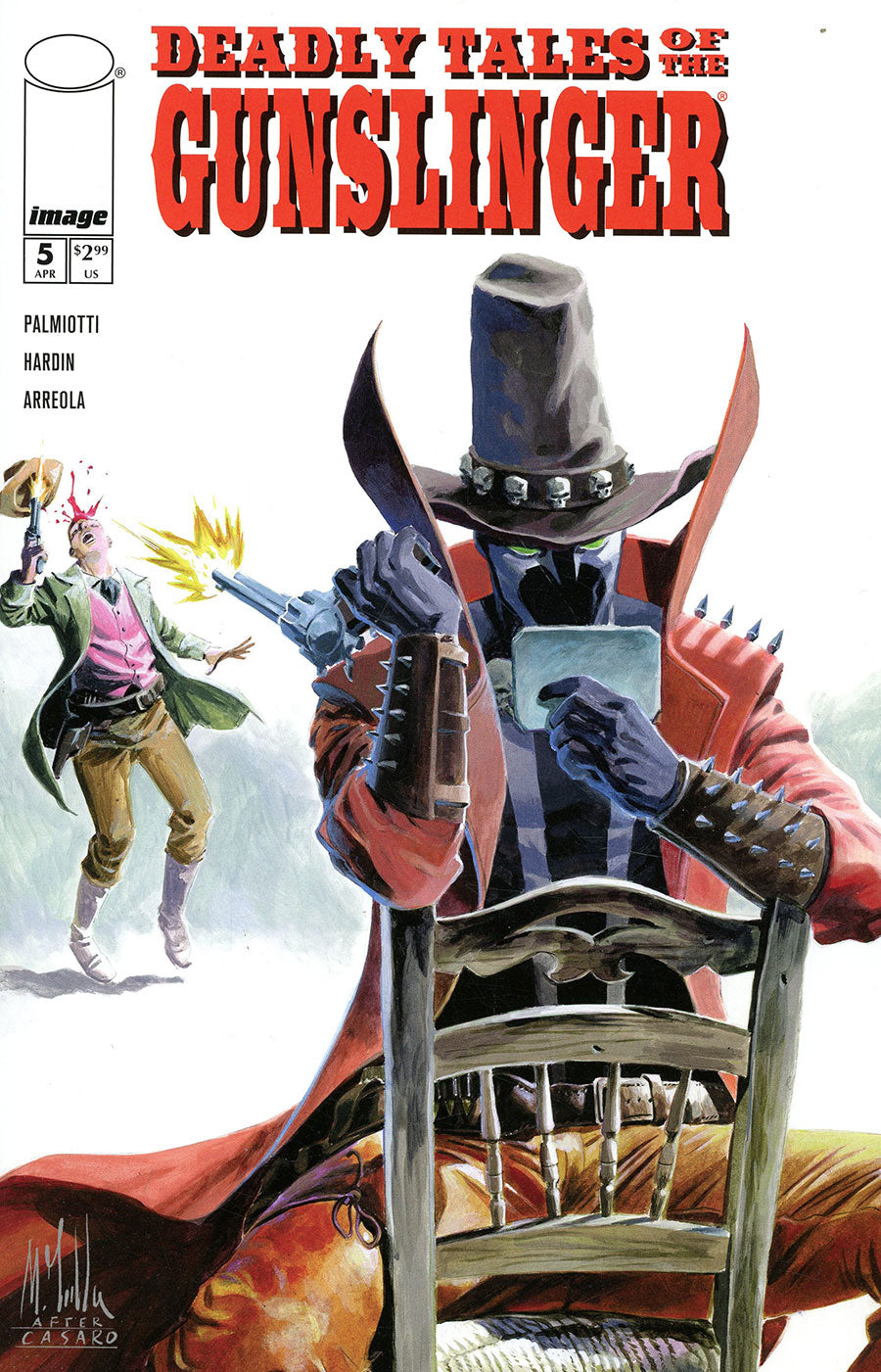 Comic book cover for Deadly Tales of the Gunslinger #5 published by Image Comics, featuring a seated gunslinger in a red coat and black hat holding a gun and looking at a card, with another character running in the background.