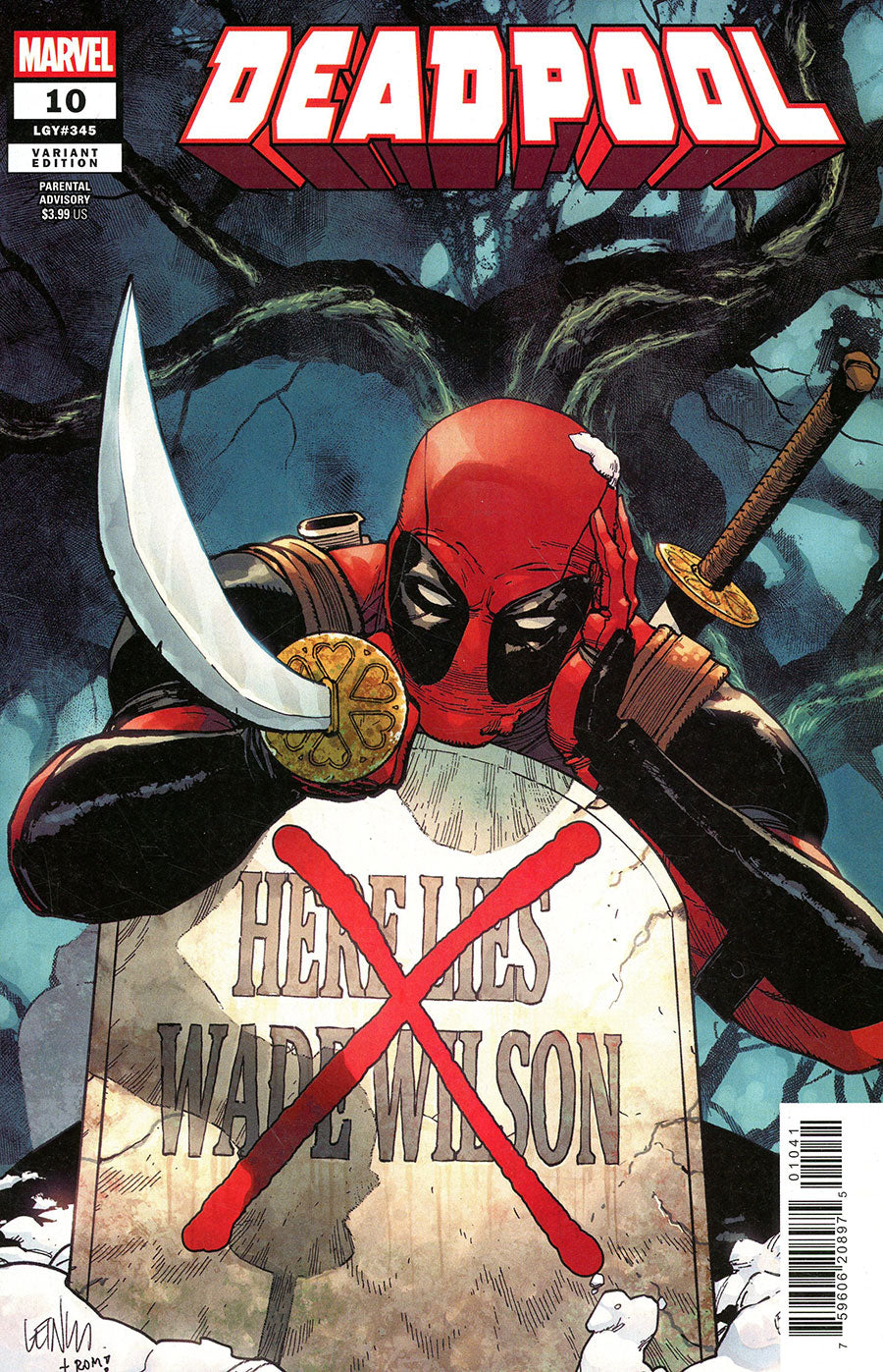 Comic book cover featuring Deadpool with a gravestone and 'Marvel' logo.