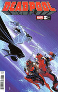 Comic book cover featuring Deadpool in a dynamic pose with a purple background