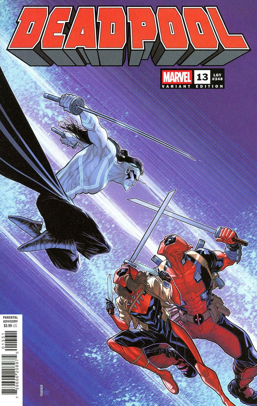 Comic book cover featuring Deadpool in a dynamic pose with a purple background