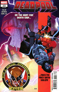 Comic book cover featuring Deadpool in action with text and graphics.