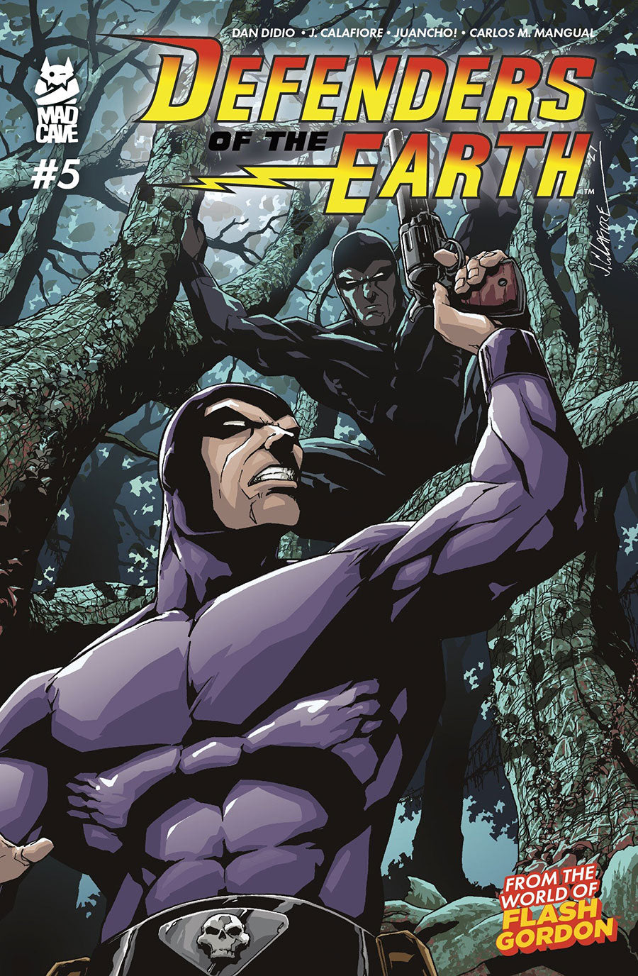 Comic book cover for Defenders of the Earth #5 featuring a muscular purple-costumed hero in the foreground and another figure behind him in a dark forest setting. The title 'Defenders of the Earth' appears prominently at the top, with the Mad Cave logo in the upper left.