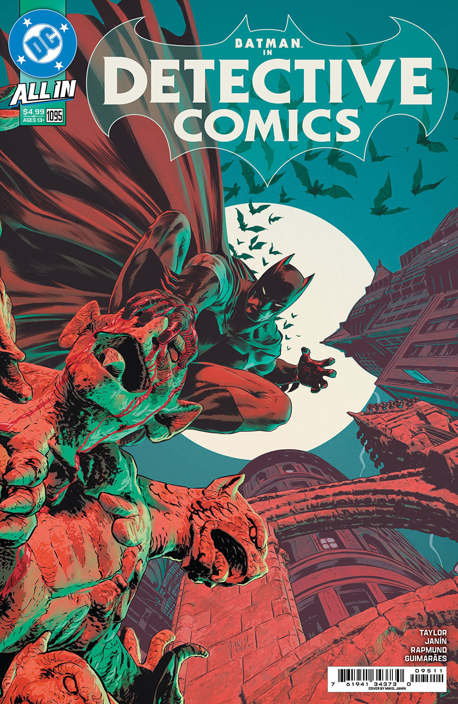 Batman Detective Comics issue 156 comic book cover featuring Batman flying forward over a city with monsters below and a large white moon in the background.