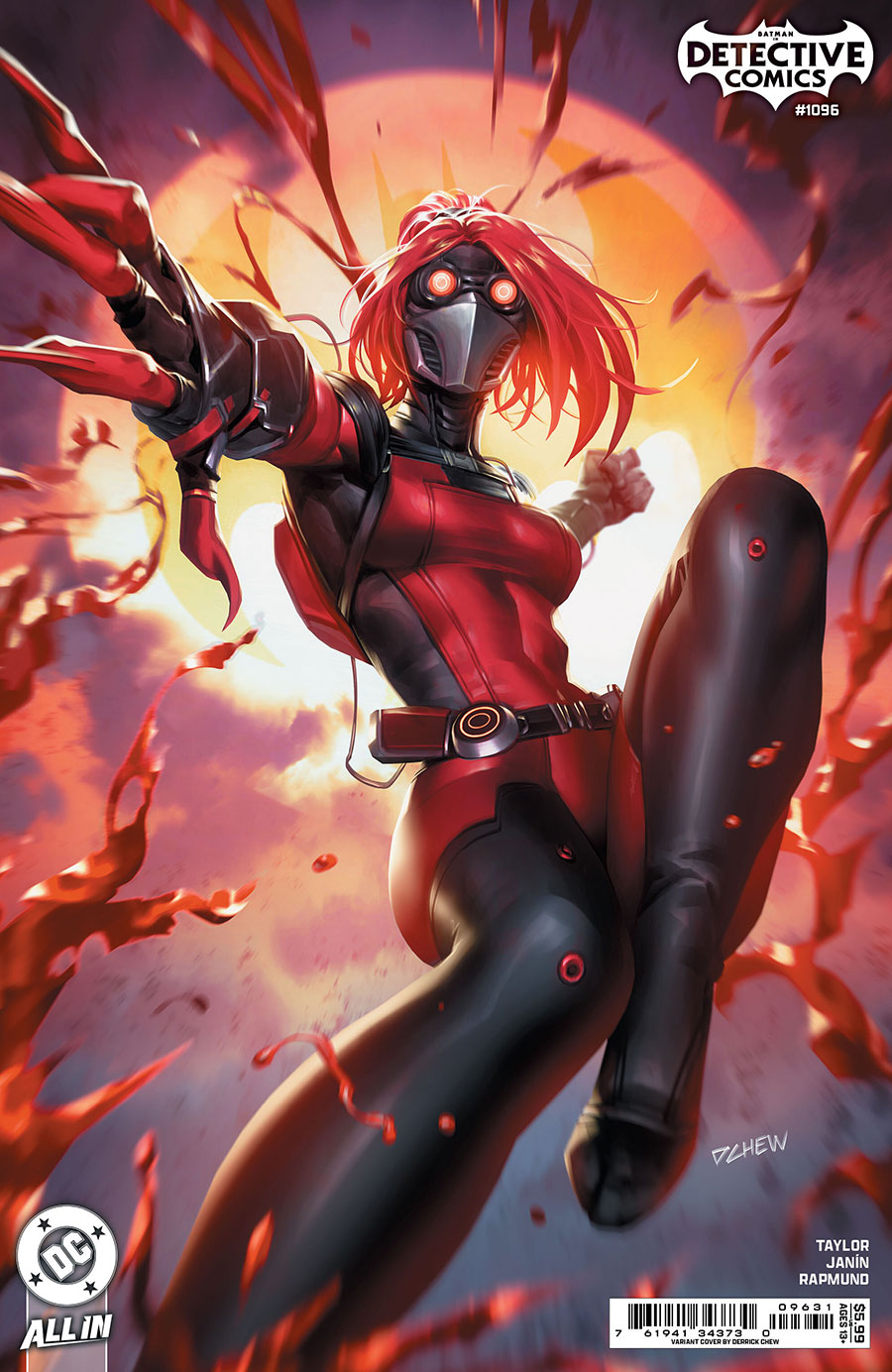 Comic book cover featuring a superhero in a red and black suit with flames in the background