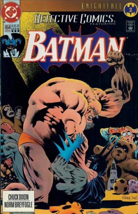 Comic book cover of Batman with a large pumpkin and various characters in the background