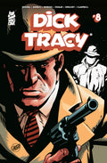 Comic book cover for Dick Tracy #8, featuring a close-up illustration of the titular detective in a tan suit and fedora holding a revolver, with a black-and-white figure in a hat in the background. The title 'DICK TRACY' appears in large red-and-white letters at the top, with the White Line logo in the upper left.