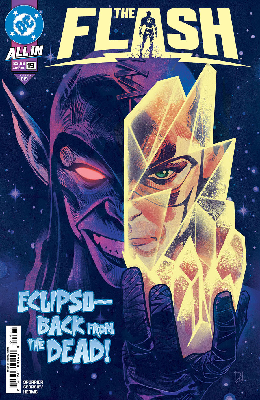 Comic book cover featuring a character holding a glowing crystal with 'The Flash' branding.