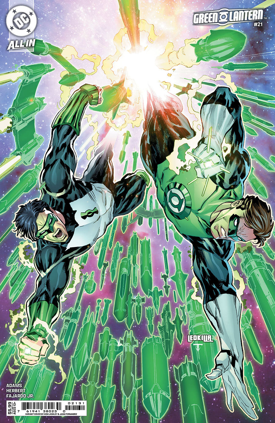Comic book cover for DC Green Lantern #122 featuring two Green Lanterns flying forward through a field of green energy beams against a purple and pink cosmic background.
