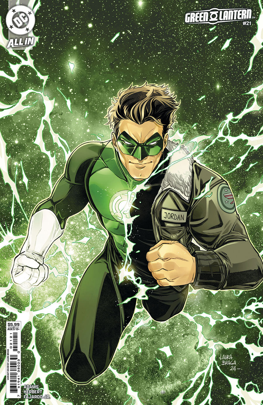 Comic book cover featuring a superhero in a green suit with a lantern, against a cosmic background.