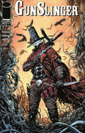 Gunslinger comic book cover featuring a masked figure in a tall black hat and red cape standing in a dark, twisted forest, with crows flying against a warm orange sky. The title 'Gunslinger' appears prominently at the top, with the Image logo and issue details on the left.