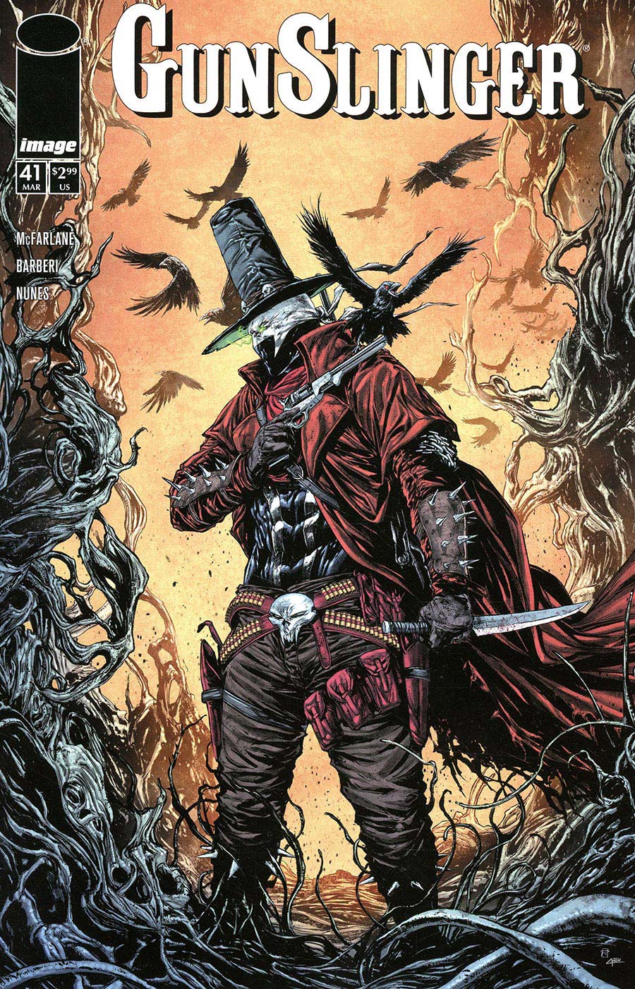 Gunslinger comic book cover featuring a masked figure in a tall black hat and red cape standing in a dark, twisted forest, with crows flying against a warm orange sky. The title 'Gunslinger' appears prominently at the top, with the Image logo and issue details on the left.