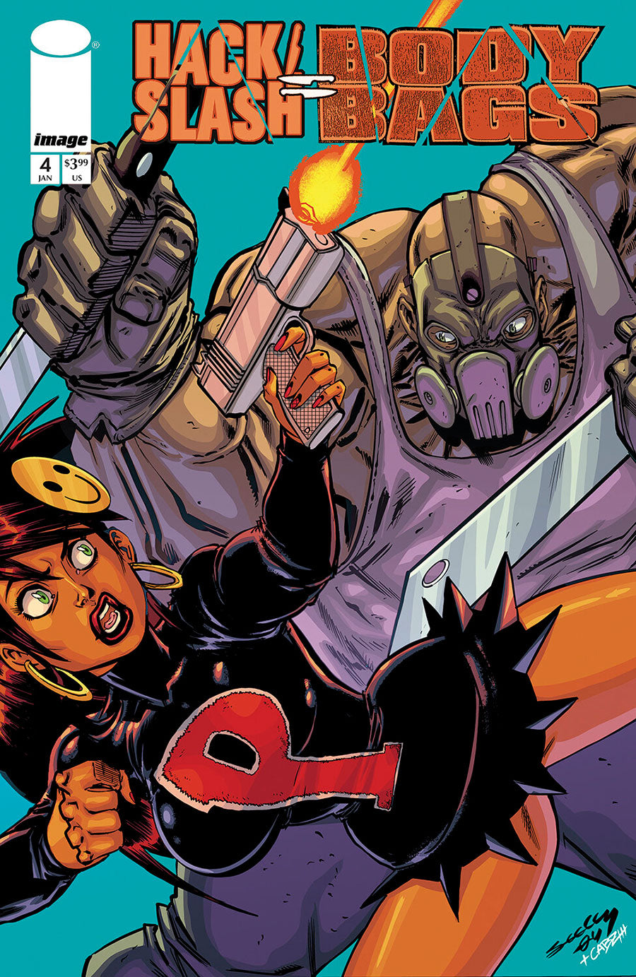 Comic book cover for Hack Slash Body Bags issue 4, featuring illustrated characters in action poses against a bright teal background, with the Image brand logo visible in the top left.