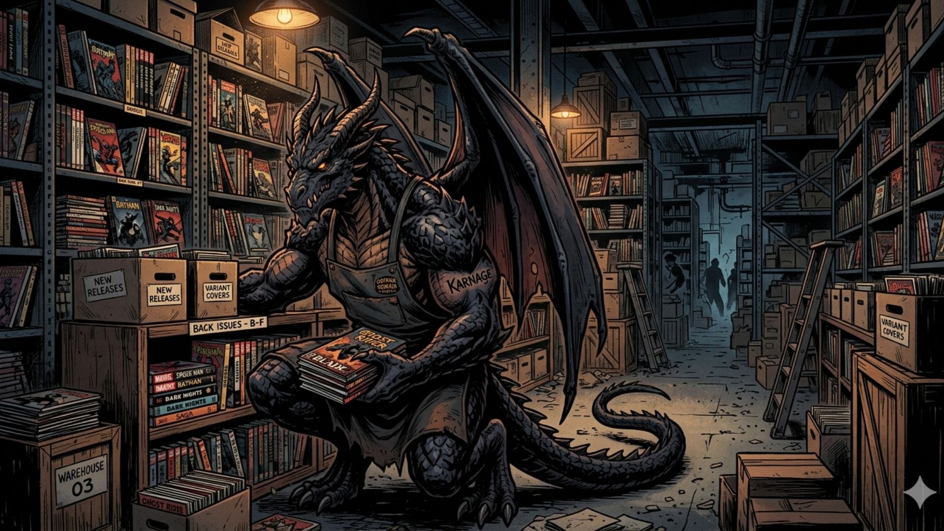 Dragon in a library setting with bookshelves and crates.