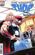 Comic book cover featuring 'The Immortal Thor' with a superhero and a woman in a room.