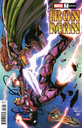 Marvel's Iron Man #7 Variant Edition comic book cover, featuring Iron Man and a female warrior in action against a blue background with lightning effects and the title 'IRON MAN' in large gold letters.