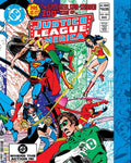Front cover of a DC Comics Justice League America comic book, issue #200, featuring multiple illustrated superheroes in action against a multicolored cityscape background with blue side borders.