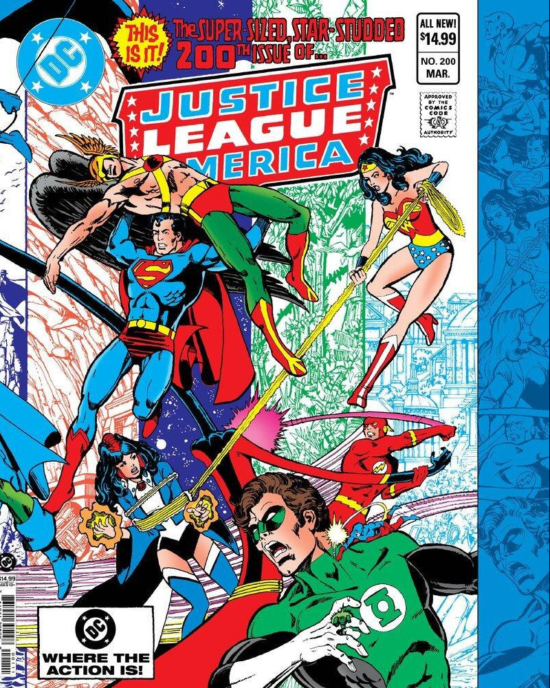 Front cover of a DC Comics Justice League America comic book, issue #200, featuring multiple illustrated superheroes in action against a multicolored cityscape background with blue side borders.