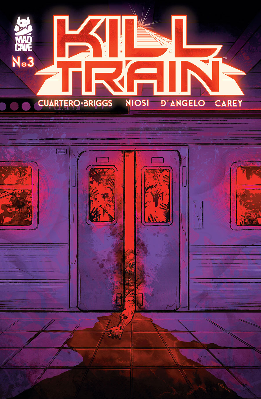Kill Train No. 3 comic book cover featuring a stylized train station scene with a train door, neon red title text, and a figure standing in the doorway.