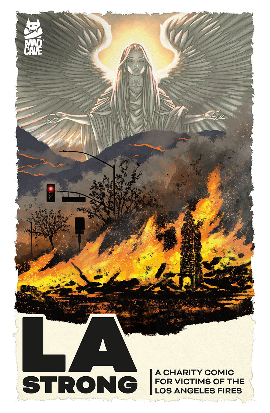 Comic book cover titled 'LA Strong' with a fiery landscape and angelic figure.