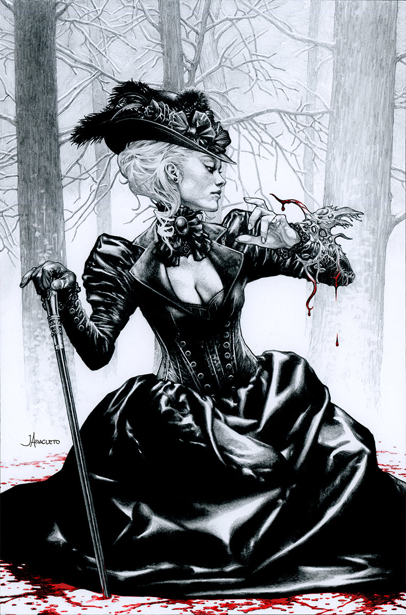 Artistic depiction of a woman in a dark, Victorian-style dress sitting in a forest.