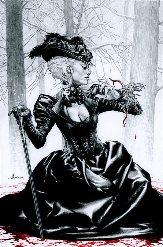 Artistic depiction of a woman in a dark, Victorian-style dress sitting in a forest.