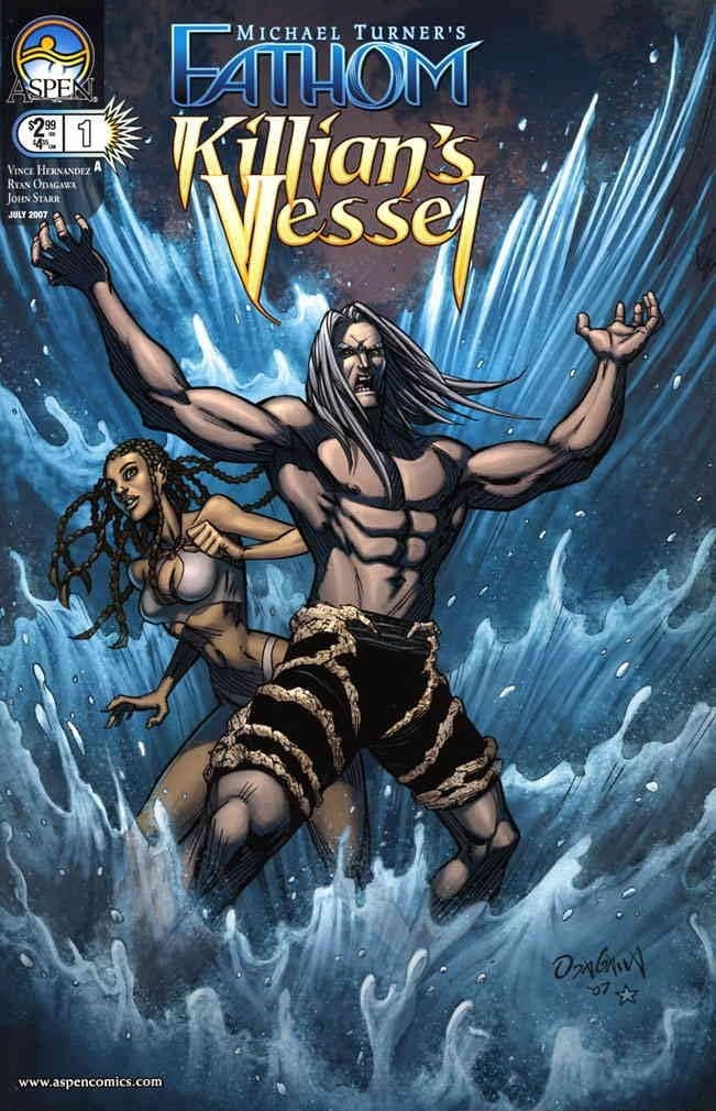 Comic book cover featuring two characters in a water-themed scene with 'Fathom' branding.
