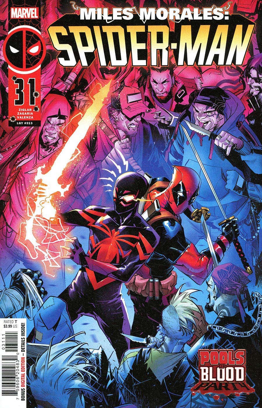 Comic book cover for Marvel's Miles Morales: Spider-Man #31, featuring a dynamic illustrated battle scene with Miles Morales in a black and red suit, a glowing orange energy effect, and other characters in the background. The title 'SPIDER-MAN' is prominently displayed at the top, with the Marvel logo in the upper left.