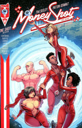 Comic book cover for 'Money Shot: The Bangs' issue #1, featuring illustrated characters in red bodysuits against a space-and-earth background, with the Vault brand logo in the top left.