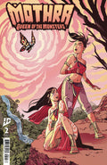 Comic book cover for 'Mothra: Queen of the Monsters' issue #2, featuring illustrated characters Mothra and a smaller monster in a pink swirling landscape with a butterfly and tree branches.