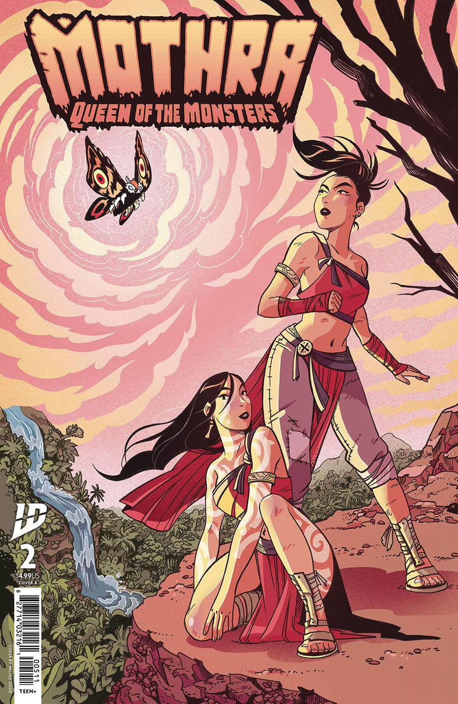 Comic book cover for 'Mothra: Queen of the Monsters' issue #2, featuring illustrated characters Mothra and a smaller monster in a pink swirling landscape with a butterfly and tree branches.