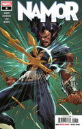 Comic book cover featuring a superhero with a golden staff against a green background