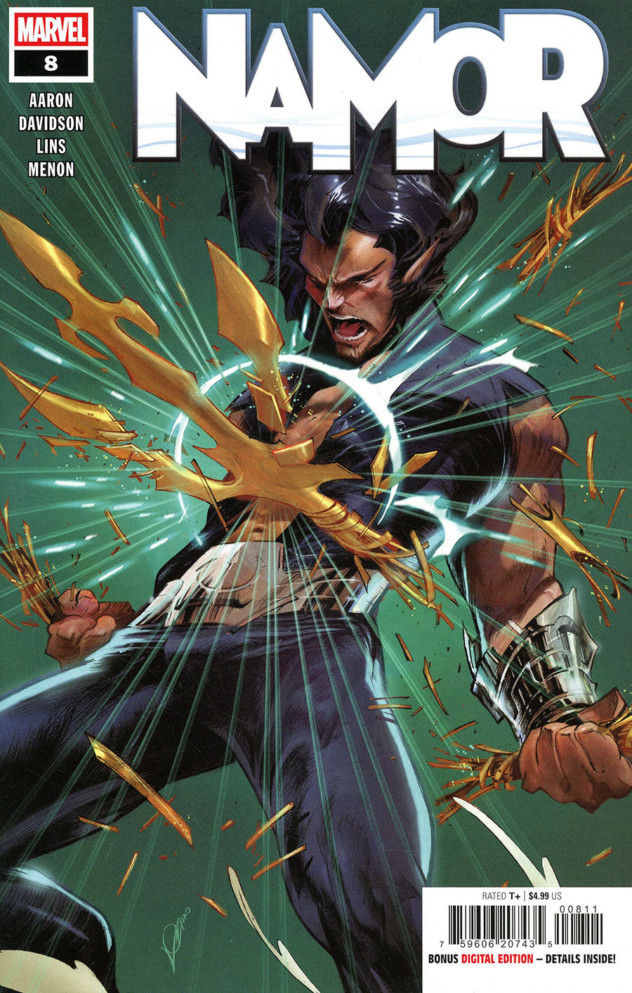 Comic book cover featuring a superhero with a golden staff against a green background