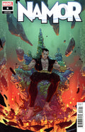Comic book cover of Namor with underwater scene and character in the center.