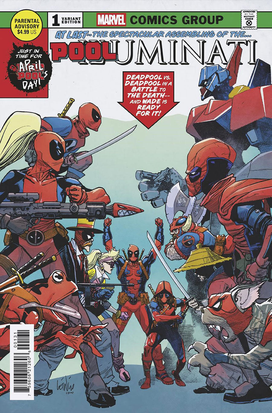 Comic book cover featuring multiple Deadpool characters with a robot and text about 'Pooluminati'.