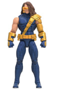 Action figure in blue and yellow costume on a white background