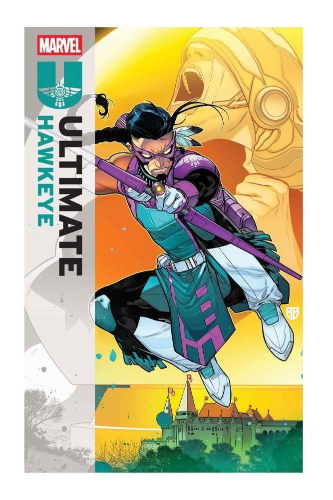 Comic book cover featuring 'Ultimate Hawkeye' with a cityscape background