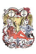 Artistic illustration with a central figure, decorative elements, and symbols on a white background