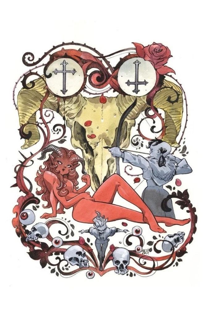 Artistic illustration with a central figure, decorative elements, and symbols on a white background