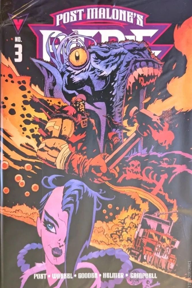Comic book cover featuring a creature and a person with a dark background
