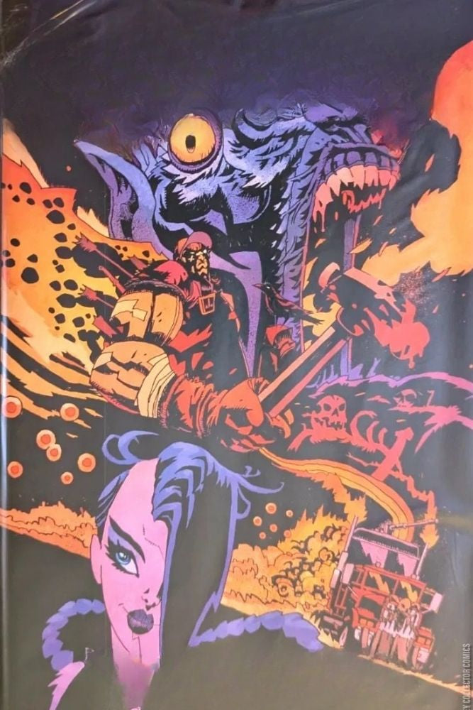 Colorful illustration of a creature and a person on a dark background