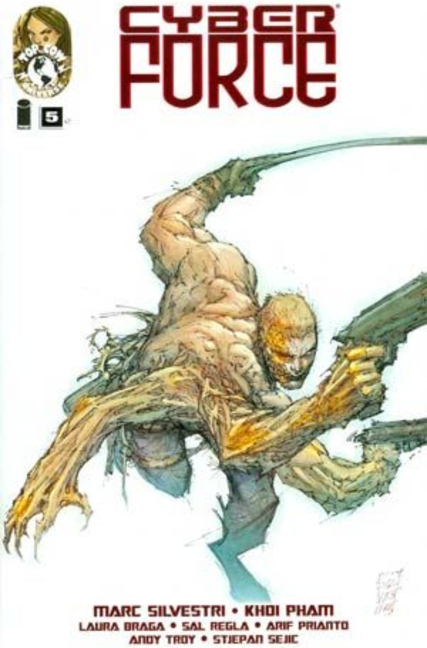 Comic book cover titled 'Cyber Force' featuring a muscular figure with a gun.