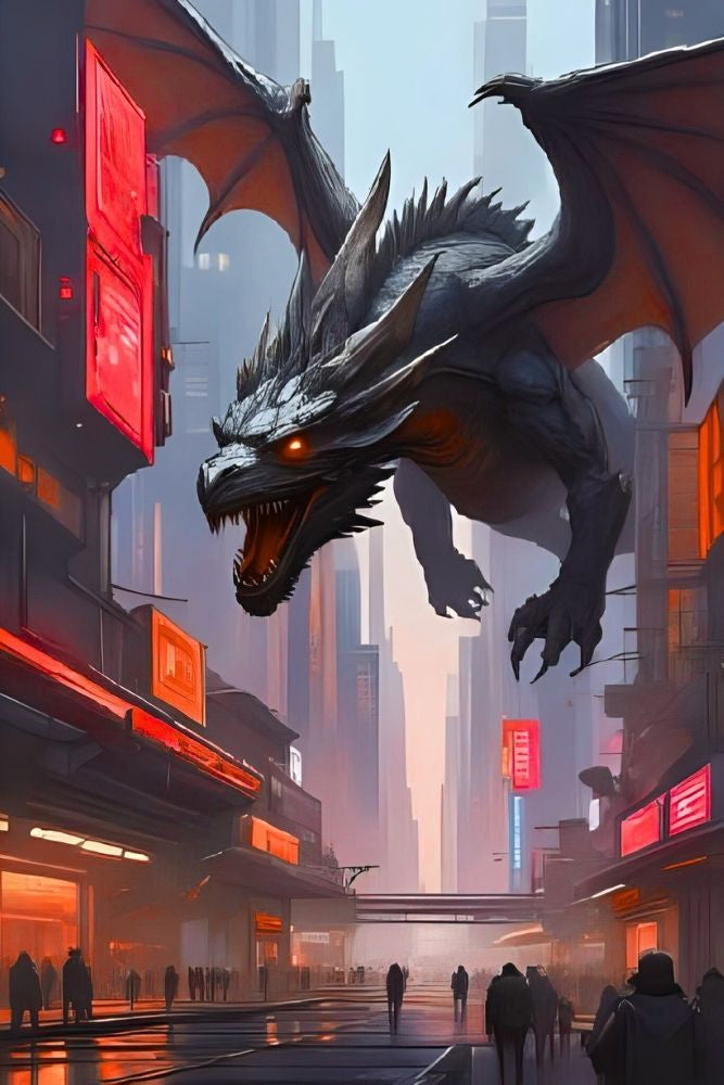 Dragon flying over a futuristic city with neon lights
