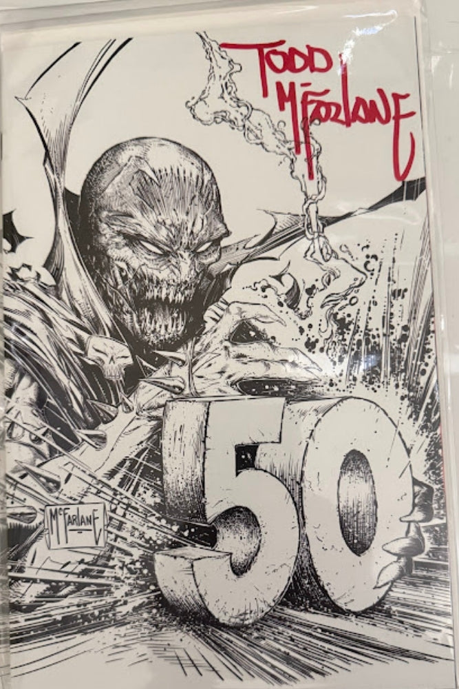 Artistic depiction of a skull and number '50' with 'Todd McFarlane' signature.