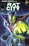 Comic book cover of 'Rat City' with a robot character holding a glowing object, set against a dark, stormy sky.